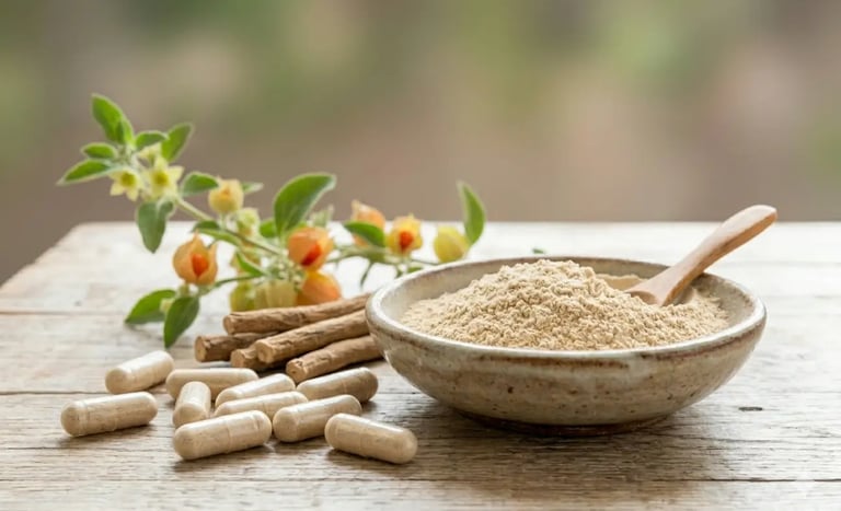 Pó de ashwagandha orgânico em uma tigela, com cápsulas de ervas e raízes sobre uma mesa de madeira.