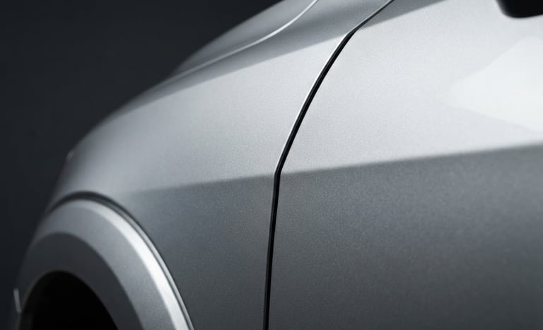 Crisp close-up of a metallic silver car fender with perfect panel gaps, high-contrast studio lighting, deep gray background, sharp details, 50mm