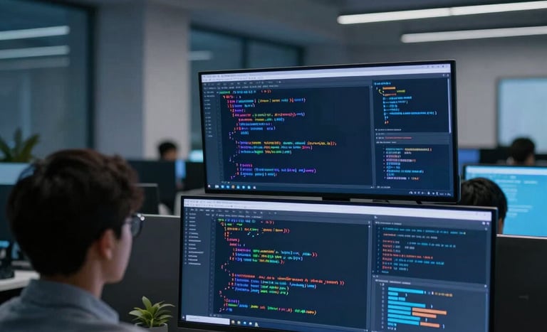 Over-the-shoulder perspective of screens displaying clean code and data visualizations in a cool, low-key ambient office environment.