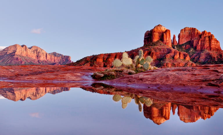 Sedona red rock formations and prickly pear cactus reflected in a desert pool at sunset.