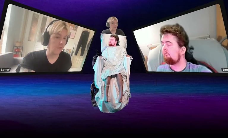 A white wheelchair user in a hospital gown, with screens either side showing faces