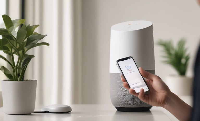 A wooden mailbox designed like a small house is mounted on a wall. The box has a pitched roof and a slot for mail. Pink and red flowers are blurred in the foreground, adding a touch of color. A wooden door and green leaves frame the background.