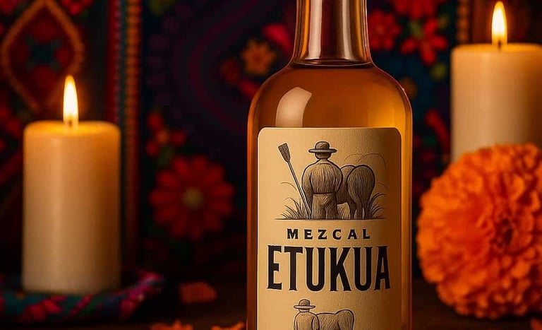 Botella de mezcal artesanal Etukua rodeada de elementos festivos tradicionales mexicanos como flores