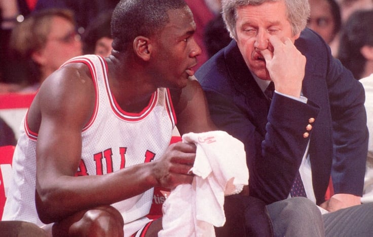 Michael Jordan (left) and Bulls Head Coach Kevin Loughery (right) pictured during the 1984-85 season