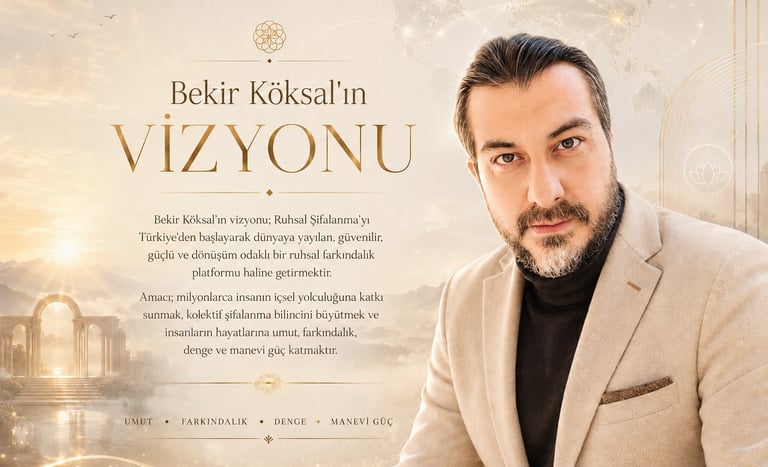 Bekir Köksal spiritual healing vision poster with gold typography and world map background.