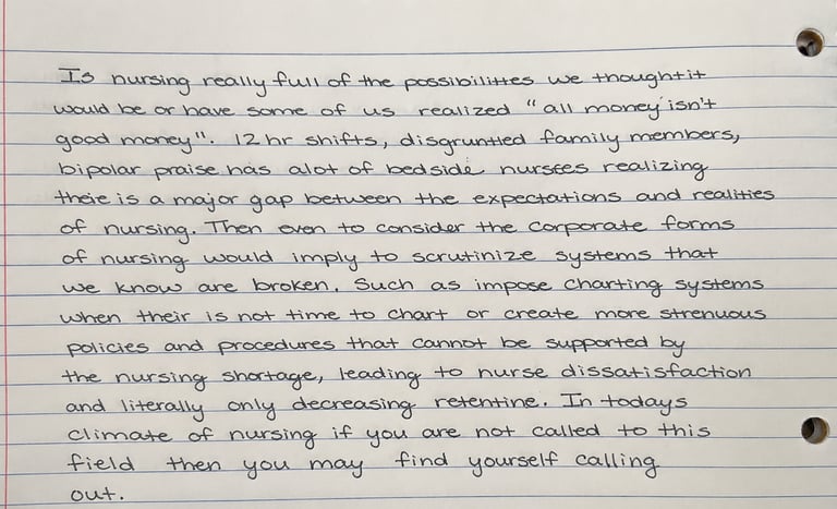 Handwritten nursing notes exploring the gap between expectations and the realities of bedside nursing.