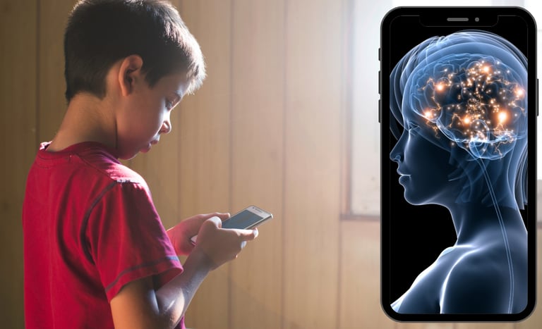 Child using a cell phone (left and right): smartphone with visual representation of brain activity.