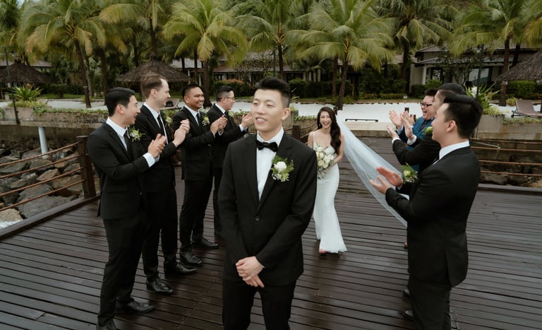 a groom and groomsmen are taking pictures of their wedding day