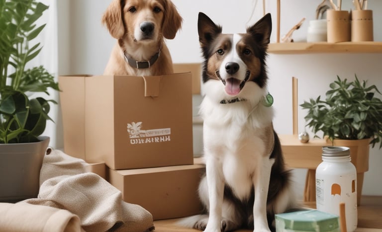 A collection of eco-friendly pet products displayed in a bright, inviting environment.