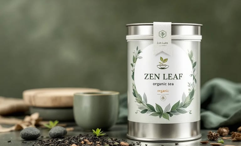 Zen Leaf organic tea in a metal tin canister on a table with loose leaf tea leaves and a green ceramic cup.