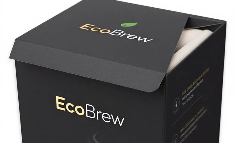 a box of coffee beans and a cup of coffee