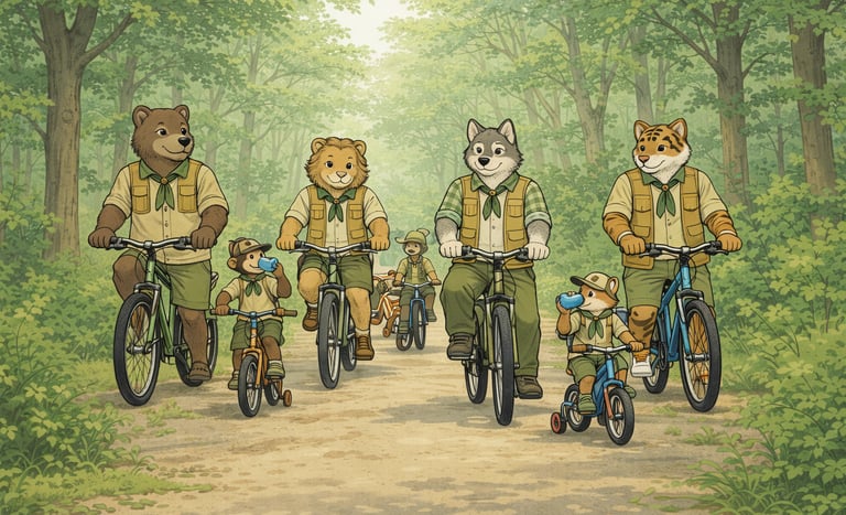Scout leaders and scouts riding bicycles together on a wooded trail at a relaxed pace.