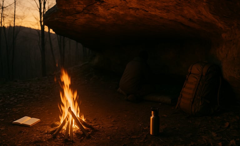 Fire and pack near rock overhang used for survival shelter