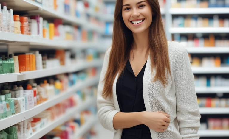A person holding a shopping basket filled with fresh green basil, carrot tops, a paper bag, and a glass bottle of milk. The scene is set in a grocery store with fruits and vegetables displayed on shelves in the background.