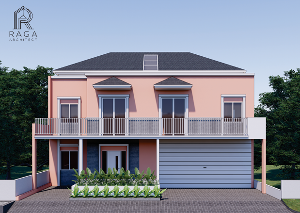 Rumah bergaya kontemporer dengan bentuk atap pelana, jendela besar, dan tampilan elegan