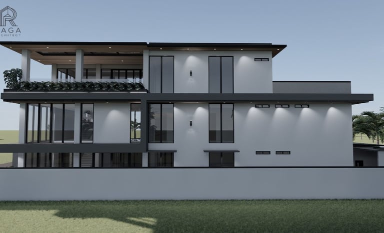 Hunian modern 3 lantai dengan dinding kaca penuh dan atap datar