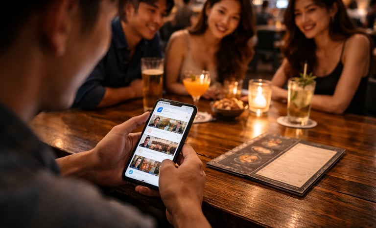 Guest browsing mobile device at restaurant table supporting digital interaction within hospitality venue
