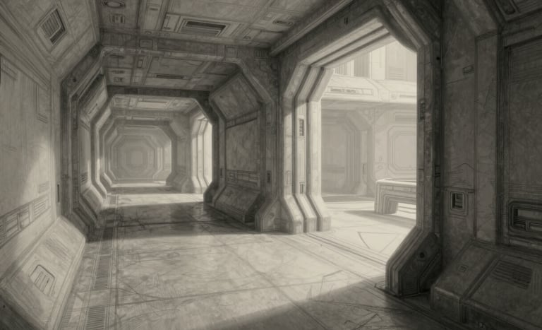 Wide 16:9 digital animatic sketch of a sci-fi corridor, high-contrast rough pencil lines, dynamic perspective, dramatic keyframe shadows, neutral gray tones.