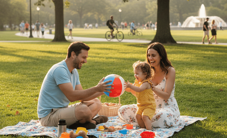 A happy family enjoys a sunny outdoor picnic on a grassy lawn with a colorful beach ball.