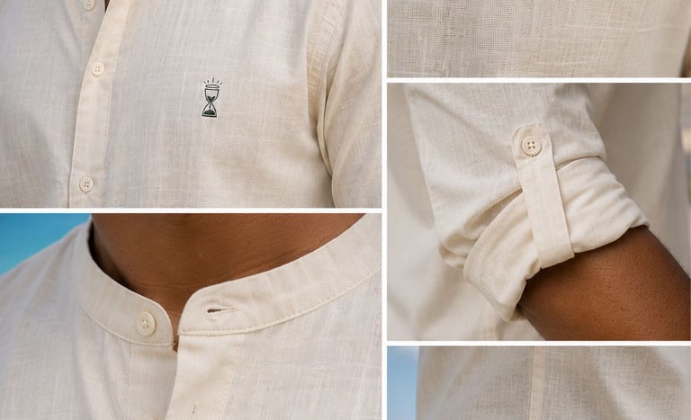 Detalles camisa lino cuello mao moda urbana streetwear  Santa Paciencia 