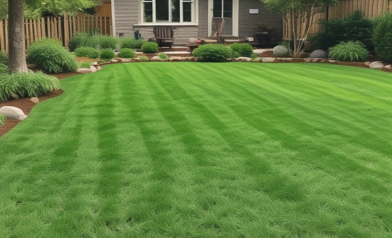 Freshly installed sod lawn in a backyard landscape next to a stone patio and garden hose.