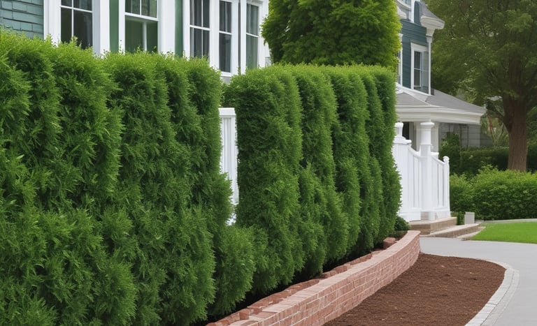 Professional landscapers installing a green privacy hedge and garden path alongside a modern white house.