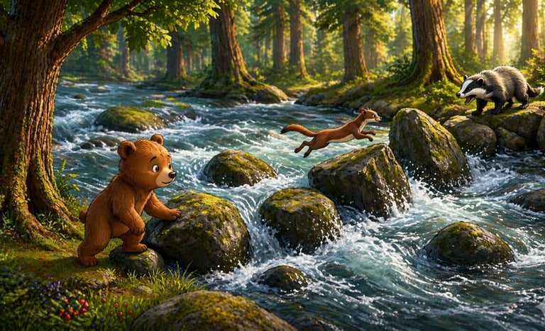 Illustrated baby bear, weasel, and badger crossing a rushing forest river over mossy rocks.