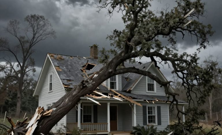 A storm damaged house where a tree fell through the roof