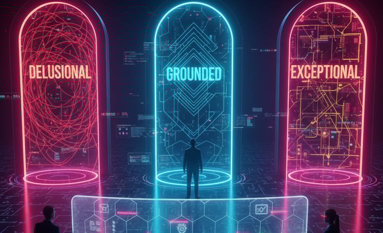 Investor perception filter showing founders categorized as delusional, grounded, or exceptional