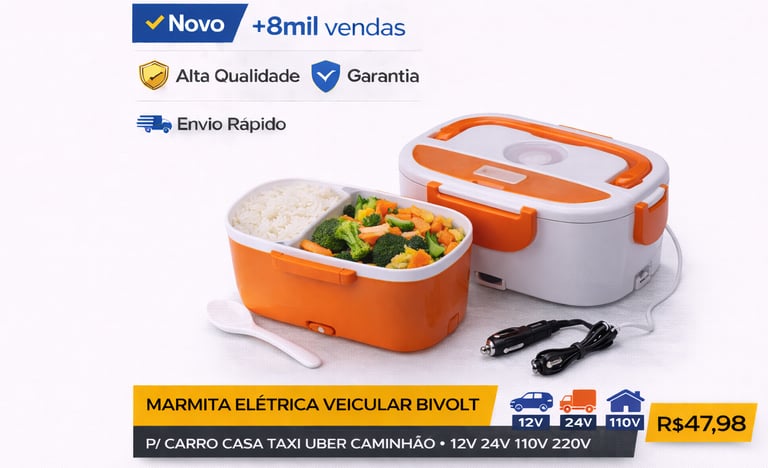 Marmita elétrica veicular bivolt branca e laranja com arroz e vegetais para carro e caminhão.