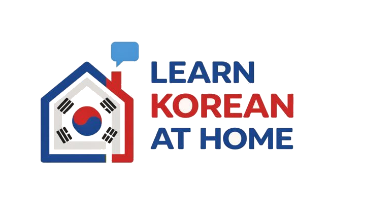 Learn Korean at Home logo featuring a house icon with the South Korean flag and a speech bubble.