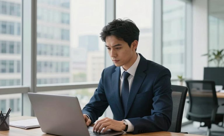 A focused journalist working at a sleek wooden desk with a high-end laptop in a bright, modern office with floor-to-ceiling windows. The scene is set in an international business hub at midday, with a professional atmosphere. The color palette incorporates platinum and ghost white tones with oxford blue accents.
