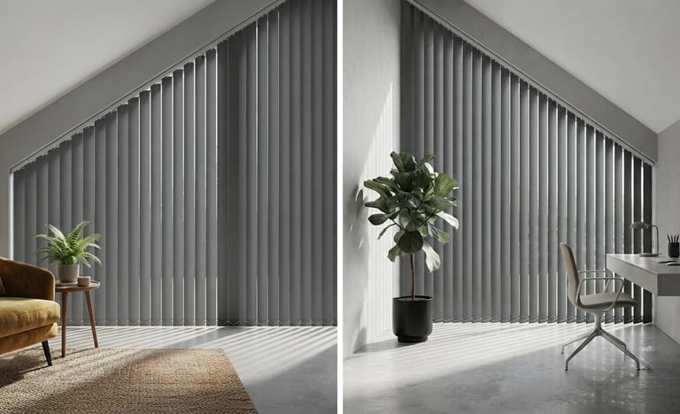 Modern grey vertical blinds installed on angled sloped windows in a minimalist home office and living room.