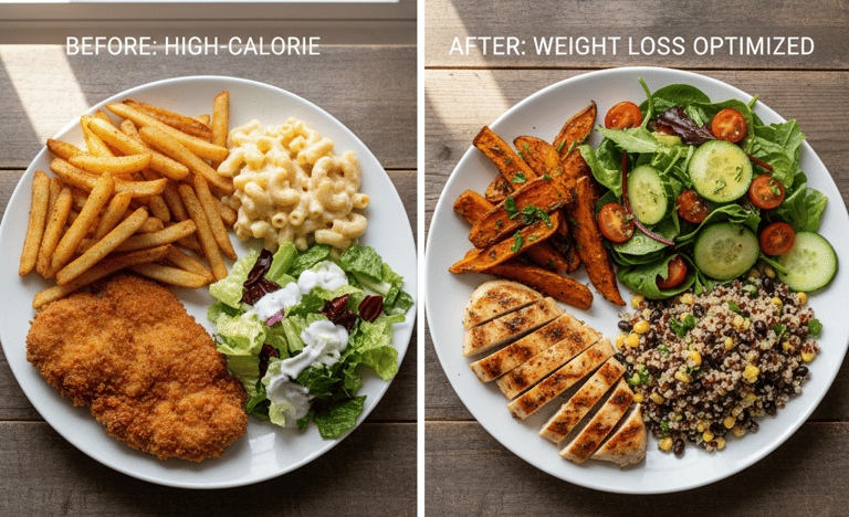Comparison of high-calorie versus weight loss friendly meals showing healthier food swaps