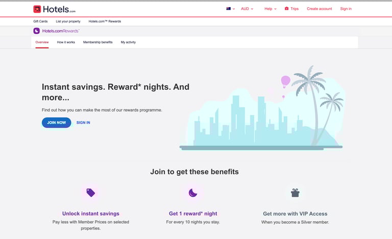 Hotels.com Rewards landing page