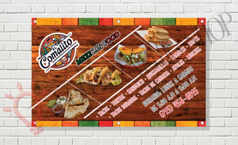 Banner de comida mexicana con fotos, menú, horarios y teléfono.