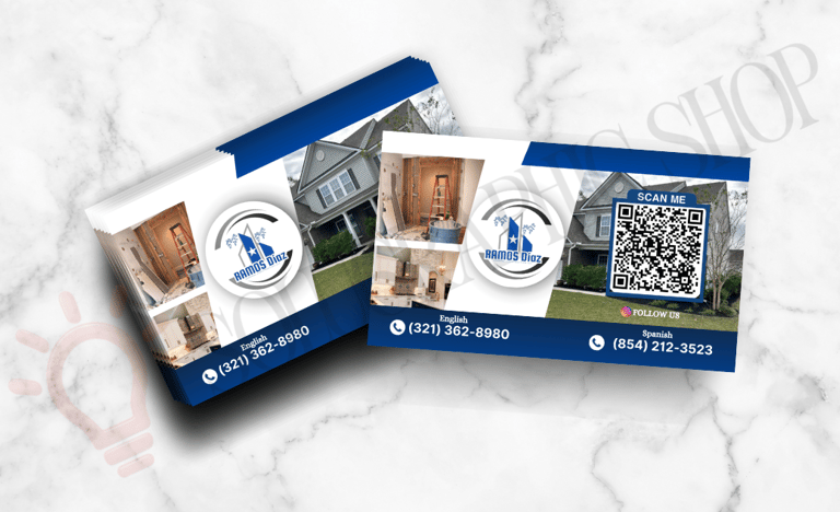 Tarjeta de construcción y remodelación con logo, teléfono y fotos de trabajos.