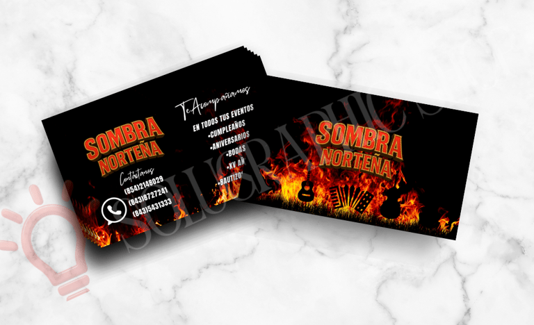arjeta de grupo musical mexicano, logo diseñado, fondo negro con llamas, números de contacto.