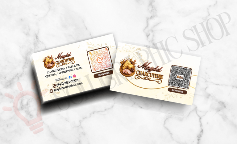 Tarjeta de charcutería con logo, QR de contacto, Instagram e información personal.