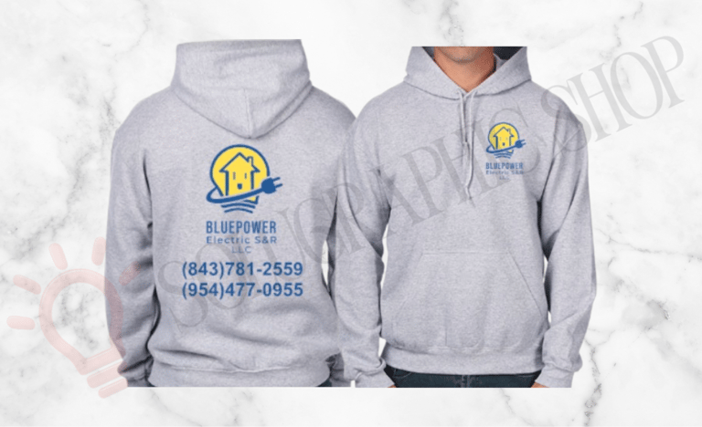 Hoodie gris de Blue Power Electric SNR LLC con logo, teléfonos e info al frente y atrás.