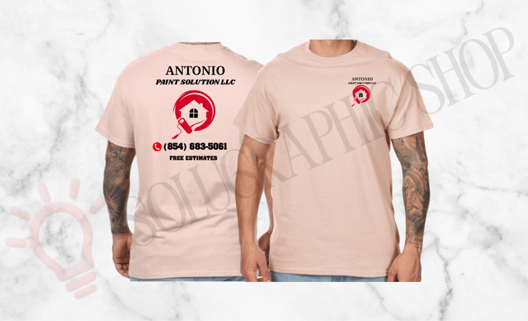Camiseta salmón manga corta de Antonio Paint Solution LLC, logo al frente y atrás con teléfono.