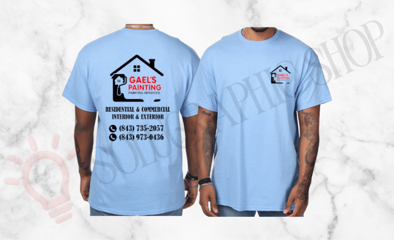 Camiseta azul (vinyl), logo al frente y atrás con teléfonos e info.
