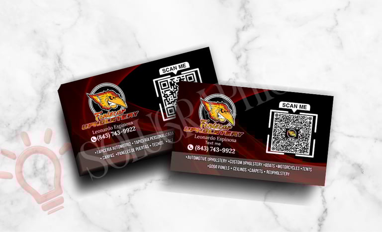 Tarjetas negras y rojas de tapicería, dos lados, logo y códigos QR.