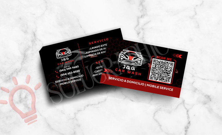 Tarjeta de carwash en inglés y español, dos lados, logo, QR, servicios y teléfono