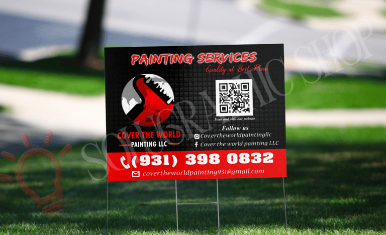 Yard sign de servicio de pintura con logo, QR, redes, teléfono y correo.