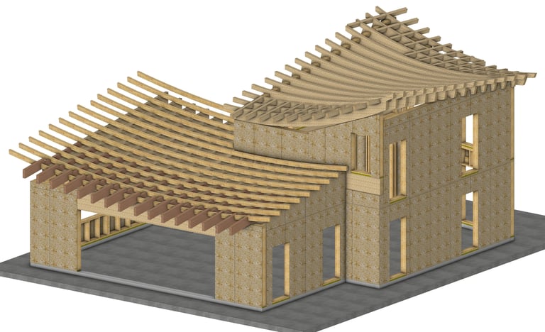 Maisons ossature bois courbe à Lauzach. Réalisation Champagne Charpente