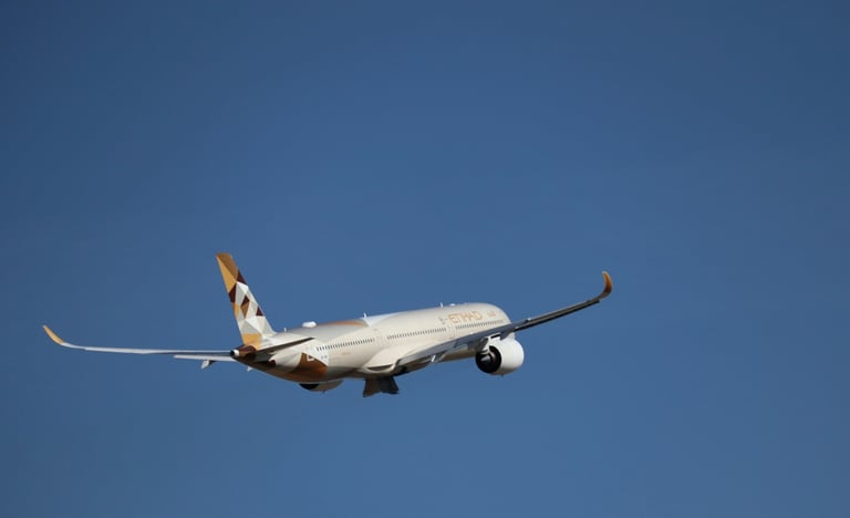 An Etihad Airways passenger aircraft cruising through a clear sky