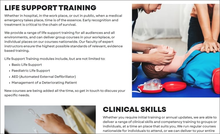 Screenshot of website with detailed explanations of 1664 Training Solutions services such as Life Support Training
