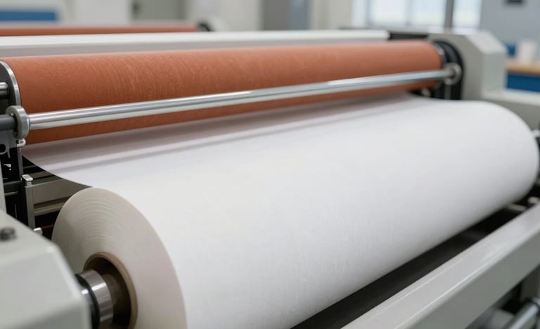 Close-up of automated machinery on a tissue paper converting line, rolls of pulp being fed, clean and sterile environment, bright industrial light, 35mm
