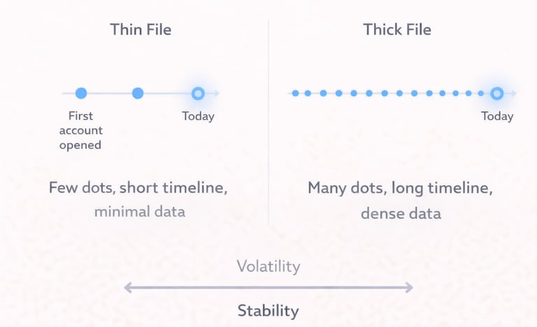 Visual comparison of thin credit file with limited history versus thick credit file with extensive a